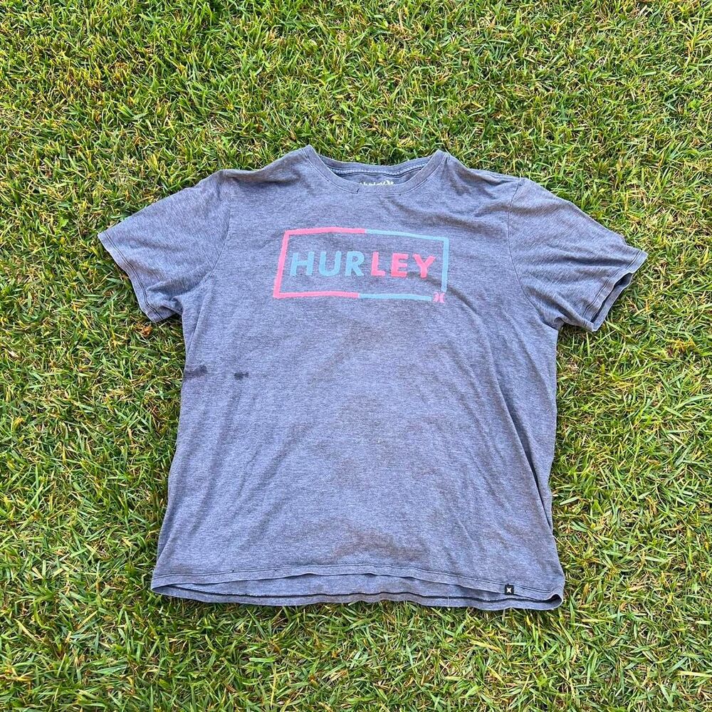 Gray Hurley cotton t-shirt with blue and pink logo, size XL